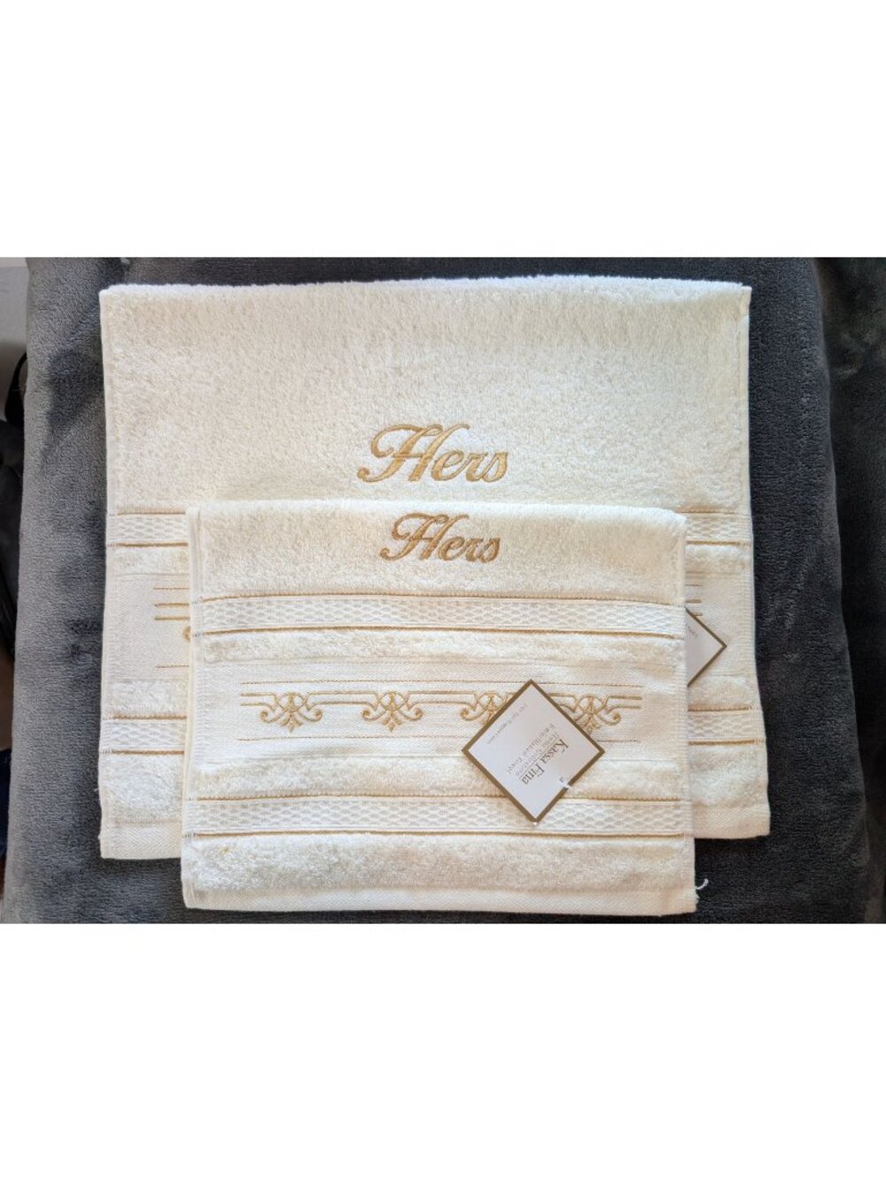 NWT Set of 2 Kassa Fina Home Collection Cotton Embroidered Hand Towels - "Hers"